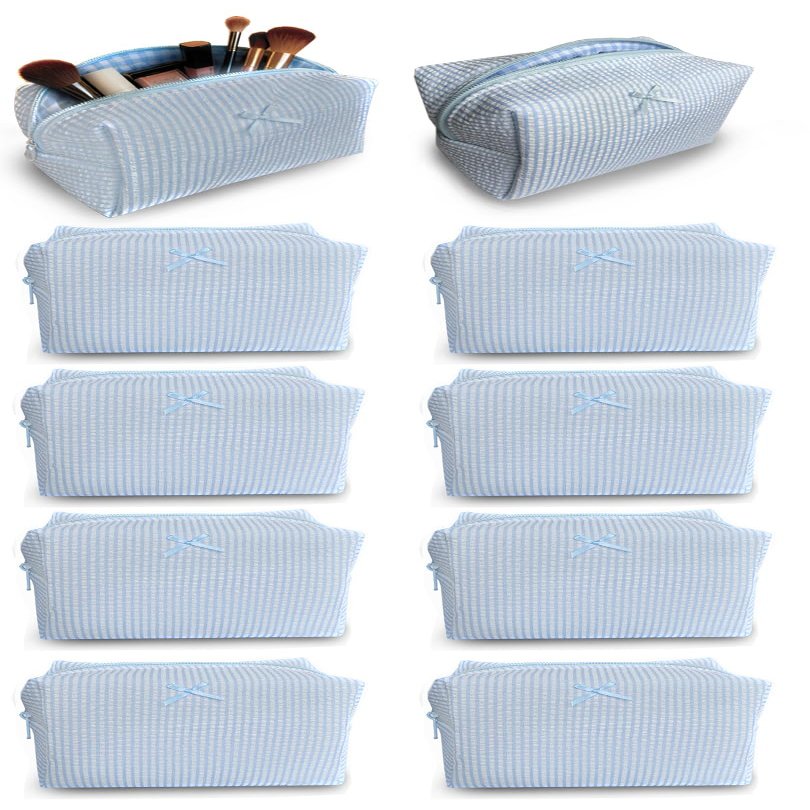 10 Pcs Cotton Quilted Makeup Bag Bulk Bow Stripe Cosmetic Pouch Gingham Make up Bag Coquette Aesthetic Makeup Pouch with Zipper Travel Portable Case Preppy Gifts for Women (Blue)