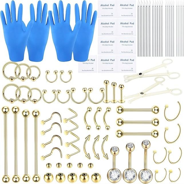 Xpircn Body Piercing Kit 14K Gold Filled Belly Button Ring Ear Nose Septum Piercing Jewelry with Clamps Gloves 20G 18G 16G 14G 12G Piercing Tools for Body Piercing