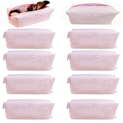 10 Pcs Cotton Quilted Makeup Bag Bulk Bow Stripe Cosmetic Pouch Make up Bag Bridesmaid Gifts Makeup Pouch with Zipper Travel Portable Case Preppy Gifts for Women (Pink)