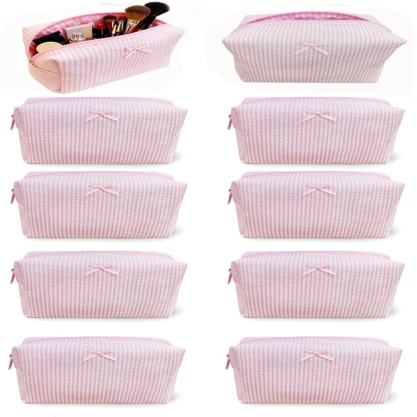 10 Pcs Cotton Quilted Makeup Bag Bulk Bow Stripe Cosmetic Pouch Make up Bag Bridesmaid Gifts Makeup Pouch with Zipper Travel Portable Case Preppy Gifts for Women (Pink)