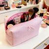 10 Pcs Cotton Quilted Makeup Bag Bulk Bow Stripe Cosmetic Pouch Make up Bag Bridesmaid Gifts Makeup Pouch with Zipper Travel Portable Case Preppy Gifts for Women (Pink) view 3
