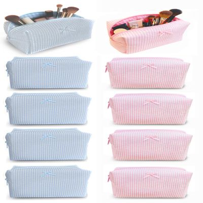 10 Pcs Cotton Quilted Makeup Bag Bulk Bow Stripe Cosmetic Pouch Gingham Make up Bag Coquette Aesthetic Makeup Pouch with Zipper Travel Portable Case Preppy Gifts for Women (Blue 5pcs+Pink 5pcs)