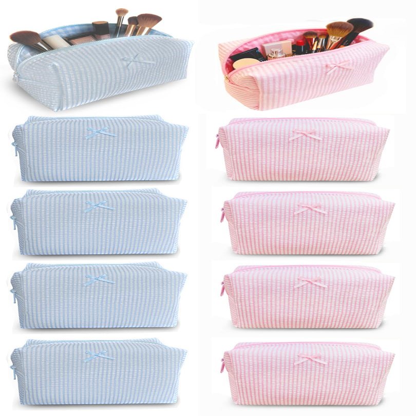 10 Pcs Cotton Quilted Makeup Bag Bulk Bow Stripe Cosmetic Pouch Gingham Make up Bag Coquette Aesthetic Makeup Pouch with Zipper Travel Portable Case Preppy Gifts for Women (Blue 5pcs+Pink 5pcs)