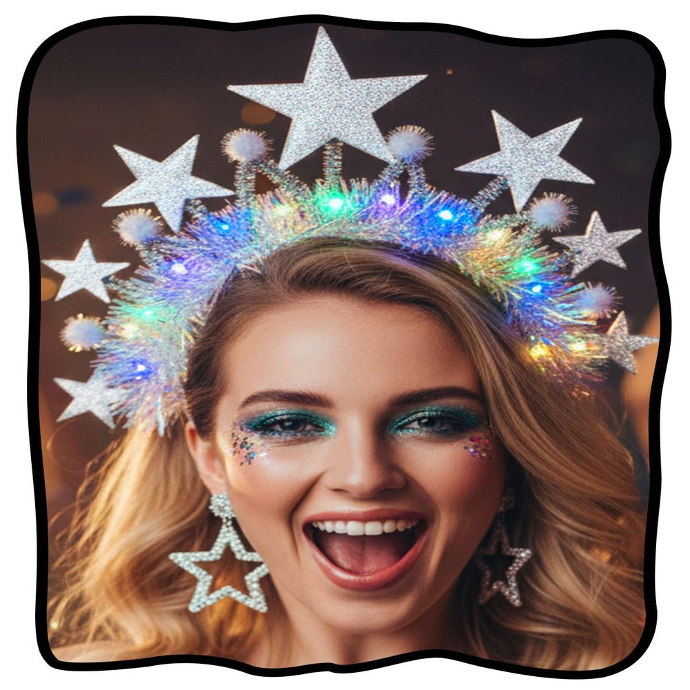 Fstrend Light Up LED Star Headband for Women, Silver Glitter Christmas Hair Accessories, Glow in Dark Xmas Party Headpiece with Adjustable Fit