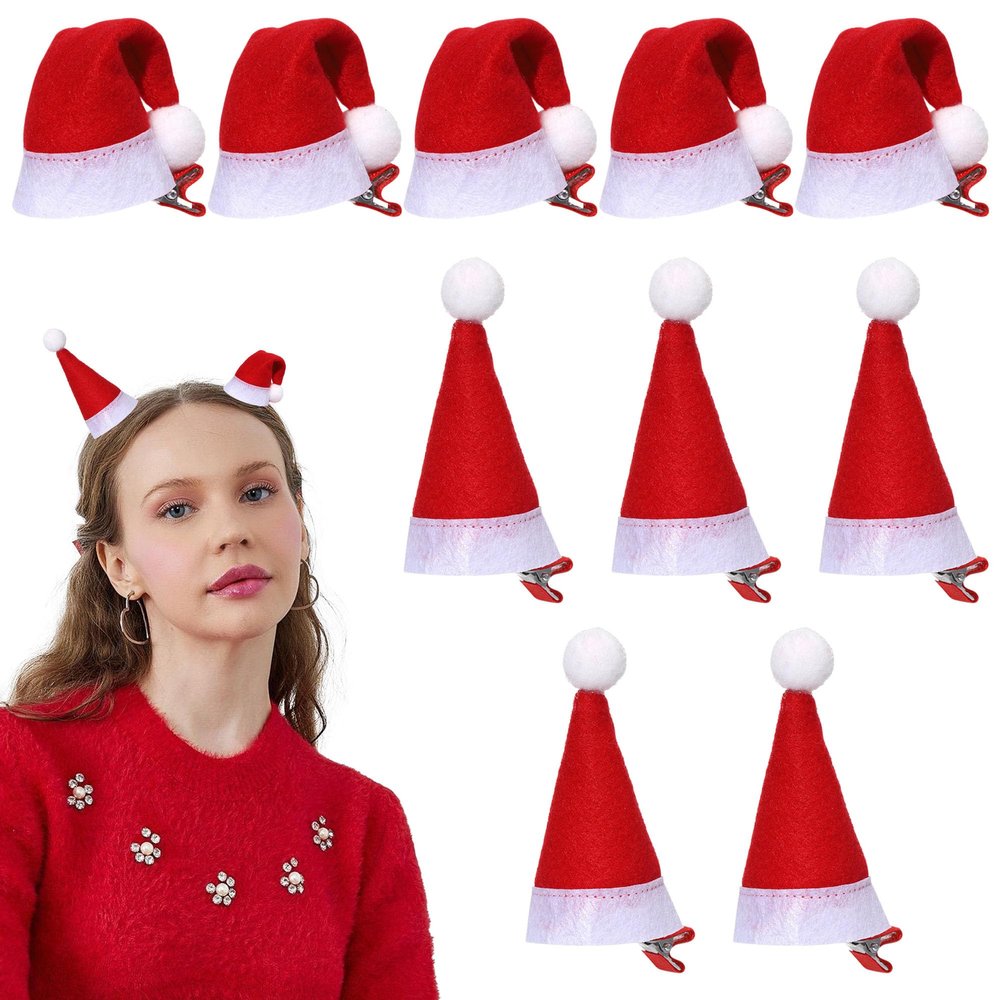 10Pcs Santa Hat Hair Clips, Christmas Hair Clips, Mini Red Santa Hat Hair Barrettes Party Clip Accessories Alligator Clips for Women Girls & Kids