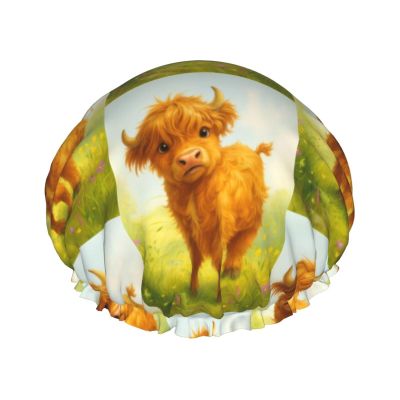 Adorable Highland Cow at Sunny Shower Cap Double Waterproof Bathing Shower Caps