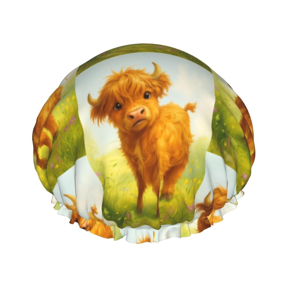 Adorable Highland Cow at Sunny Shower Cap Double Waterproof Bathing Shower Caps