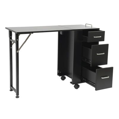 Cbhfmljd Foldable Manicure Table Nail Table, Rolling Makeup Case with Wheels and Handle Travel Nail Desk Portable Manicure Desk with 3 Drawers Storage for Salon Home Studio (Black)