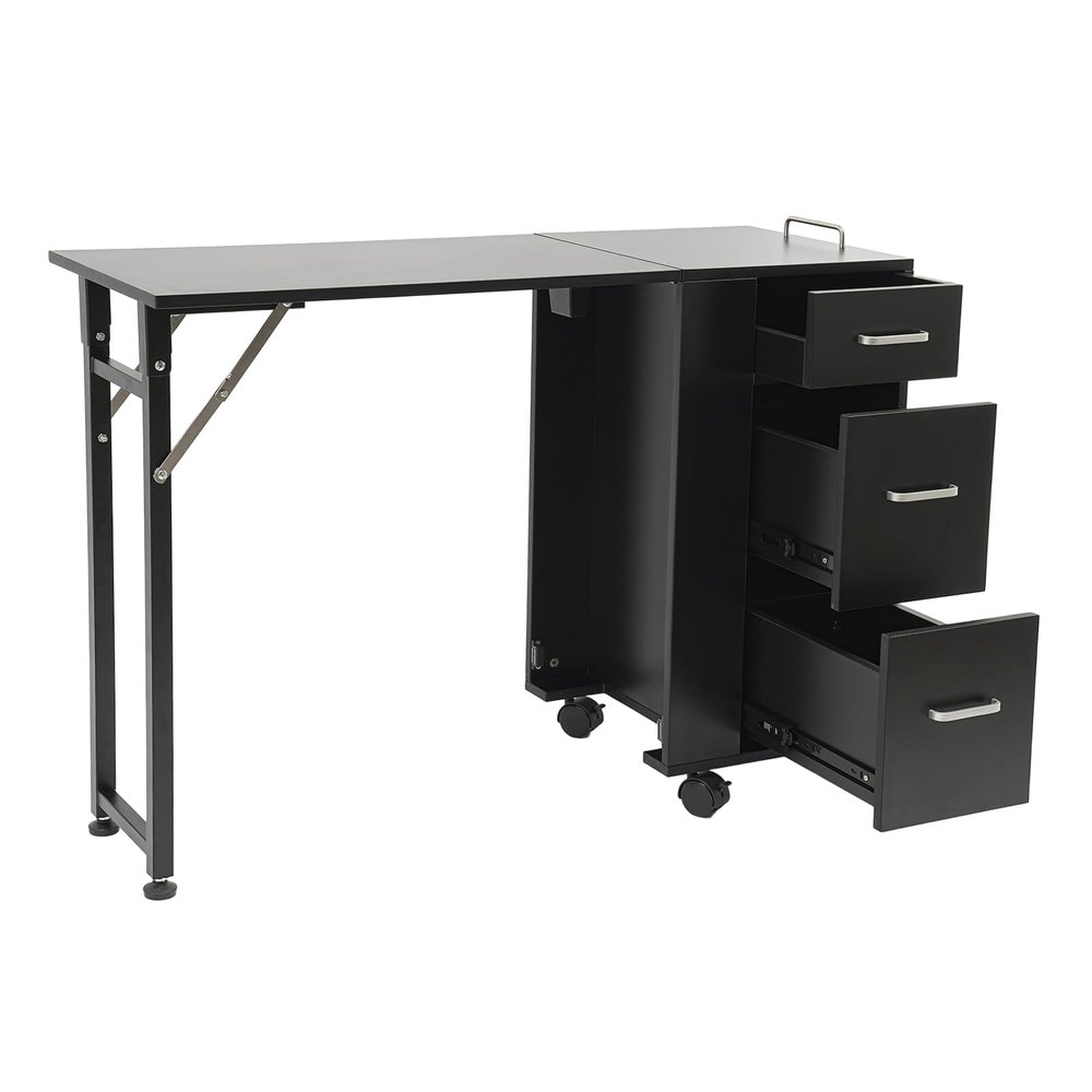 Cbhfmljd Foldable Manicure Table Nail Table, Rolling Makeup Case with Wheels and Handle Travel Nail Desk Portable Manicure Desk with 3 Drawers Storage for Salon Home Studio (Black)