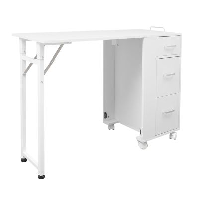 Cbhfmljd Foldable Manicure Table Nail Table, Rolling Makeup Case with Wheels and Handle Travel Nail Desk Portable Manicure Desk with 3 Drawers Storage for Salon Home Studio (White)