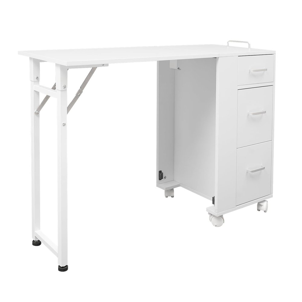 Cbhfmljd Foldable Manicure Table Nail Table, Rolling Makeup Case with Wheels and Handle Travel Nail Desk Portable Manicure Desk with 3 Drawers Storage for Salon Home Studio (White)