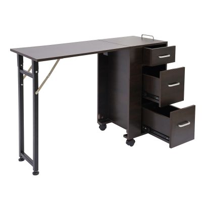 Cbhfmljd Foldable Manicure Table Nail Table, Rolling Makeup Case with Wheels and Handle Travel Nail Desk Portable Manicure Desk with 3 Drawers Storage for Salon Home Studio (Dark Brown)