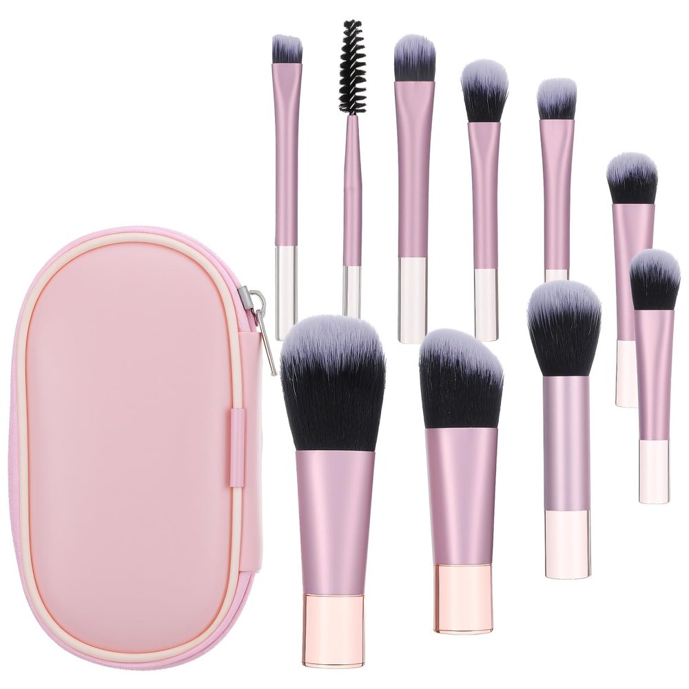 10Pcs Pink Travel Makeup Brush Set with Cosmetic Bag, Mini Makeup Brushes Set, Portable Make Up Brushes for Foundation, Eyeshadow, Blush and On the Go Application