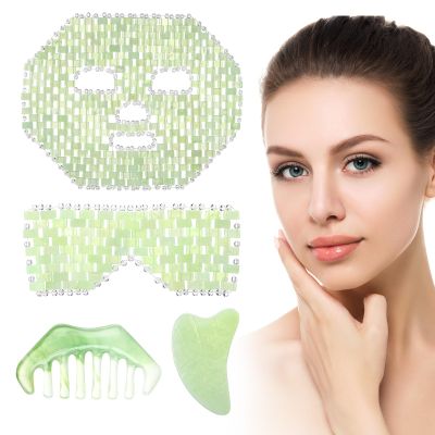 Demissle 4 Pcs Jade Eye Mask Jade Stone Facial Mask Scrap Massage Tool Hair Comb Facial Eye Cooling Stone Massage Tools for Puffy Eyes Dark Circles Gift (Light Green)