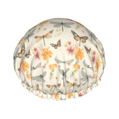 Vintage Dragonfly and Butterfly Shower Cap Double Waterproof Bathing Shower Caps