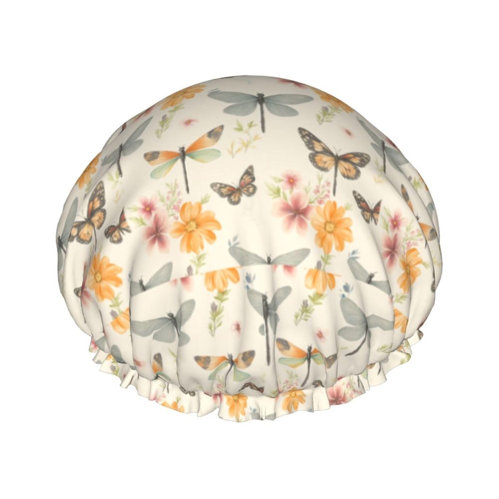 Vintage Dragonfly and Butterfly Shower Cap Double Waterproof Bathing Shower Caps