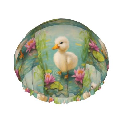 Adorable White Duck and Lotus Shower Cap Double Waterproof Bathing Shower Caps