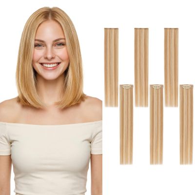 TESSHAIR 6PCS Clip in Hair Extensions Real Human Hair Short Clip in Extensions for Women Short Straight Hairpieces to Add Volume and Highlights 14 Inch Golden Brown & Bleach Blonde