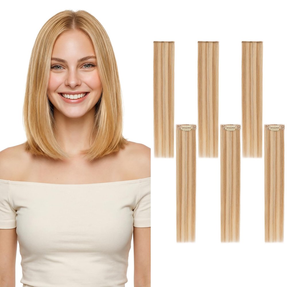 TESSHAIR 6PCS Clip in Hair Extensions Real Human Hair Short Clip in Extensions for Women Short Straight Hairpieces to Add Volume and Highlights 14 Inch Golden Brown & Bleach Blonde