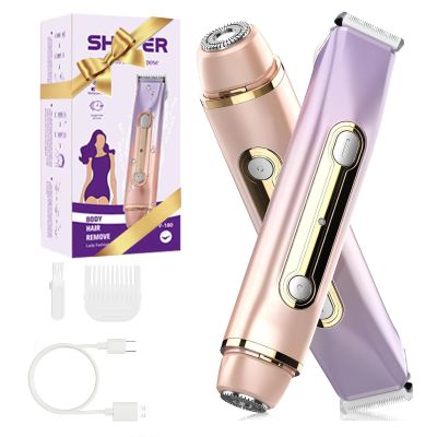 Bikini Trimmer for Women - 2 in 1 Dual Head Electric Razor, Painless Pubic & Body Hair Remover for Face, Legs, Underarms, IPX6 Waterproof, Cordless Rechargeable for Travel, Gift for Her (Purple)