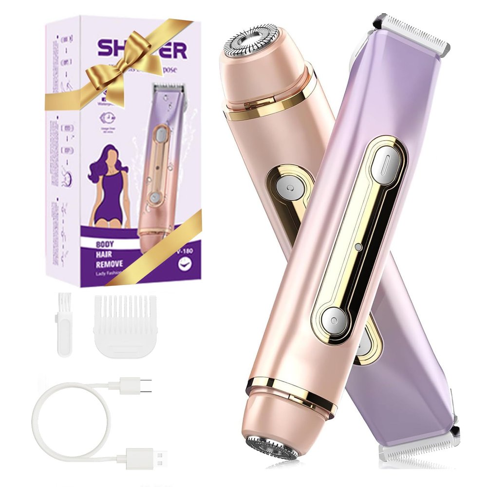 Bikini Trimmer for Women - 2 in 1 Dual Head Electric Razor, Painless Pubic & Body Hair Remover for Face, Legs, Underarms, IPX6 Waterproof, Cordless Rechargeable for Travel, Gift for Her (Purple)