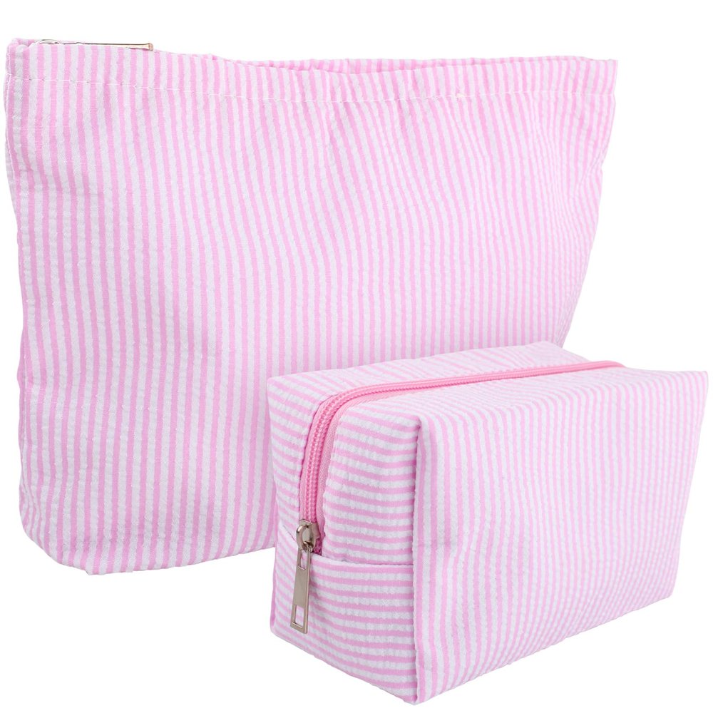 2 Pcs Makeup Bag Set, Pink Striped Cosmetic Pouch for Women Travel,Cute Toiletry Bag with Zipper,Makeup Pouch Bag Aesthetic Cosmetic Purse Pouch Skincare Brushes Storage Organizer(Rose Pink)
