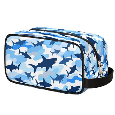 Ethebre Shark Blue Camo Kids Toiletry Bag for Boys Girls, Cosmetic Makeup Bag with Handle, Travel Shaving Kit Organizer, Waterproof Portable Wash Bag for Gym Vacation Camping Sports