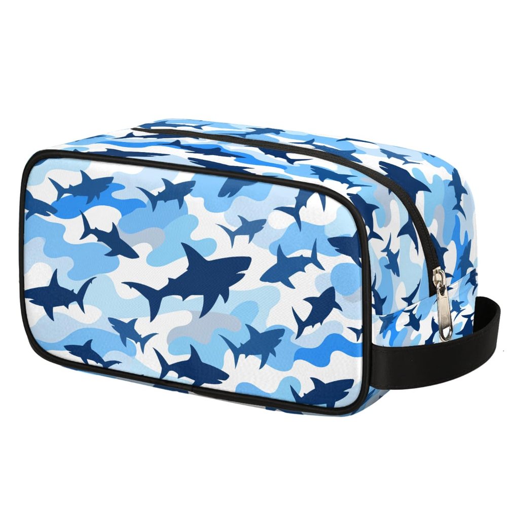 Ethebre Shark Blue Camo Kids Toiletry Bag for Boys Girls, Cosmetic Makeup Bag with Handle, Travel Shaving Kit Organizer, Waterproof Portable Wash Bag for Gym Vacation Camping Sports
