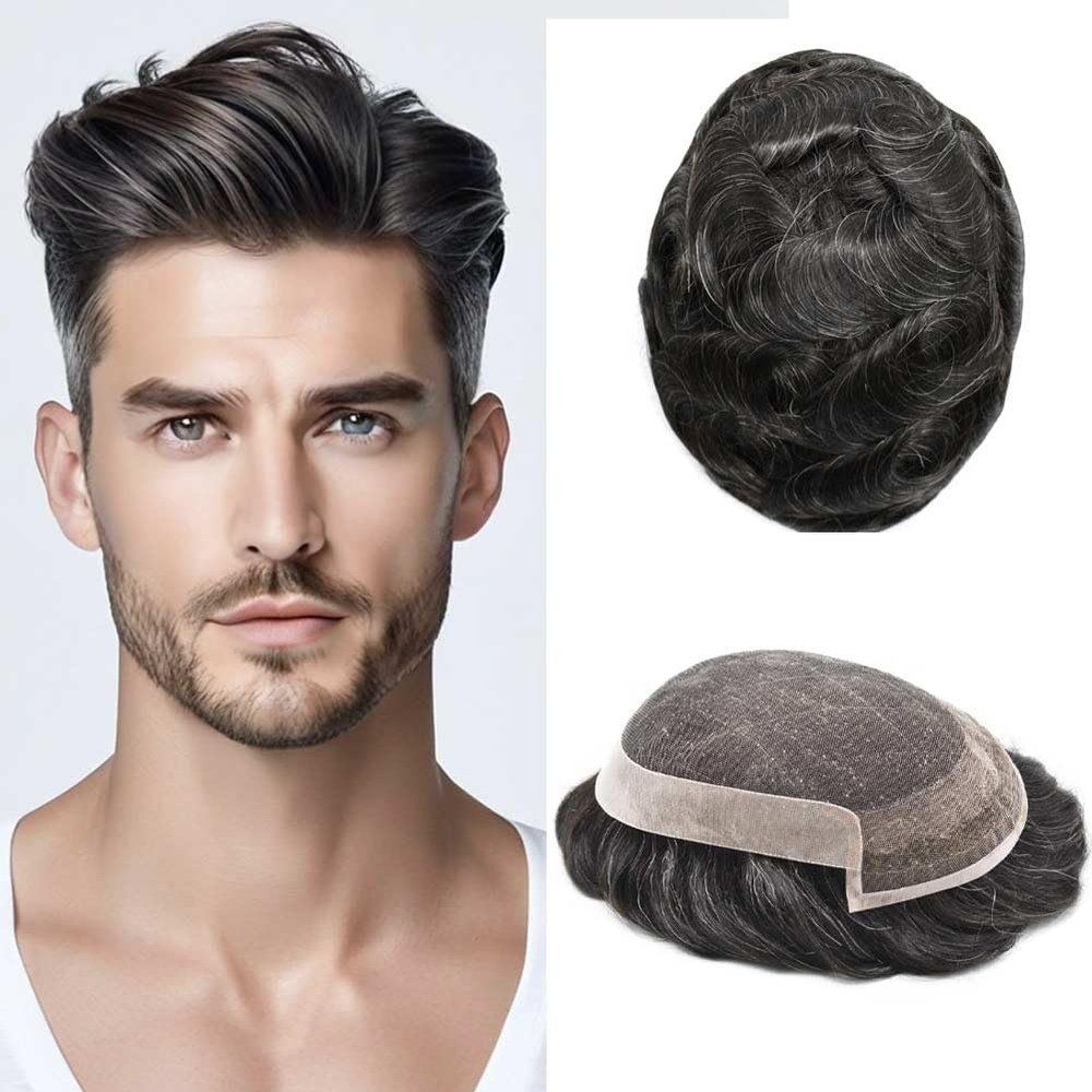 ApexToupees Mens Toupee Human Hair System French Lace Toupee For Men Hair Pieces Natural Hairline Lace With PU Hair Pieces For Men6X8-80% light density#1B10 1B# OFF BLACK+10% GREY
