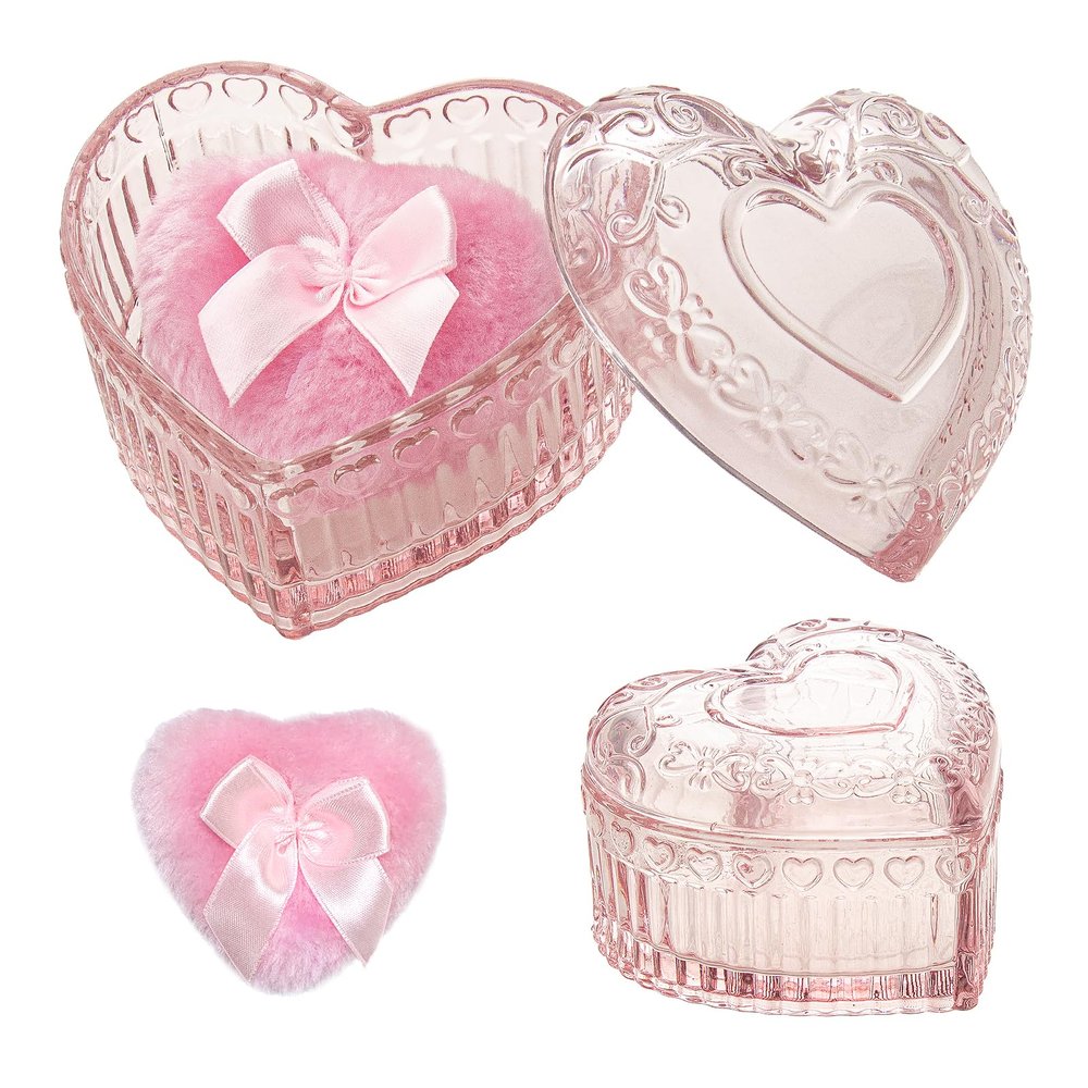 2 Pieces Large Body Powder Puff and Container Powder Container with Puff, Dusting Powder Puff Crystal Case, Body Powder for Women Soft Washable Reusable Velour Face Body Glitter Wet Dry Makeup(Love)