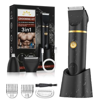 Kaleluv 3 in 1 Electric Body Hair Trimmer for Men, Multifunction Body Grooming Kit for Groin, Ipx7 Waterproof, Cordless Electric Razor for Men, Wet/Dry for Groin, Face, Beard, Nose (Black)