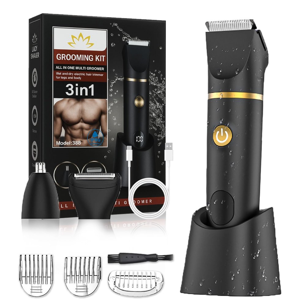 Kaleluv 3 in 1 Electric Body Hair Trimmer for Men, Multifunction Body Grooming Kit for Groin, Ipx7 Waterproof, Cordless Electric Razor for Men, Wet/Dry for Groin, Face, Beard, Nose (Black)