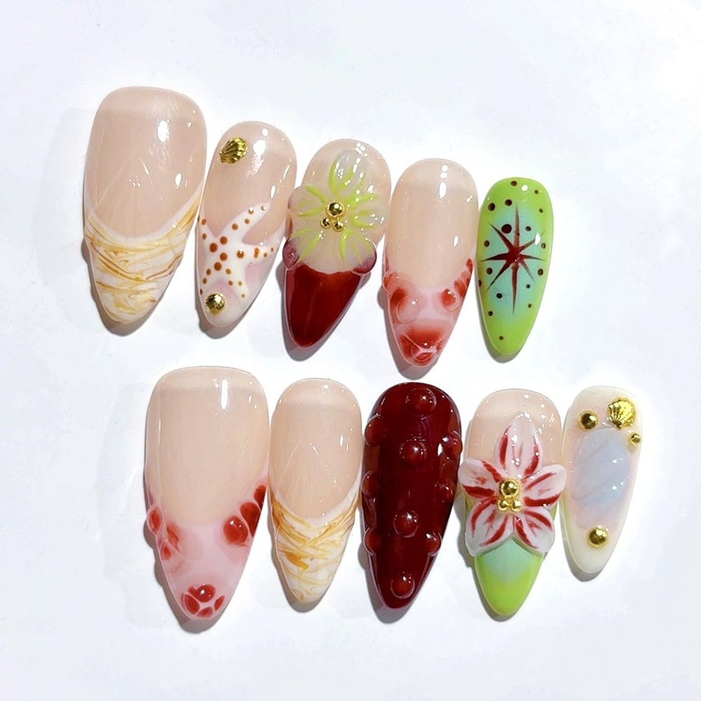10Pcs Handmade Press on Nails Medium-length Almond Nails with French 3D Flower Seashell Design Summer Ocean False Nail Press on French Tips Nails Handmade Set Reusable Manicure Decoration (M)