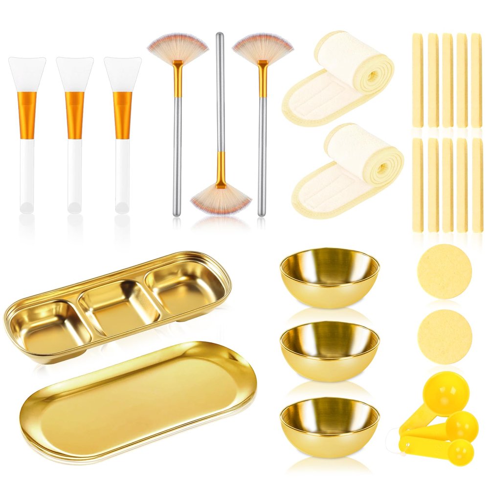 28 Gold Facial Supplies 3 Facial Mask Mixing Bowls 3 Facial Fan Brushes 3 Mask Applicator Brushes 3 Mask Measuring Spoons Skincare Tray 3-Compartment Serving Tray 12 Facial Sponges 2 Spa Headbands