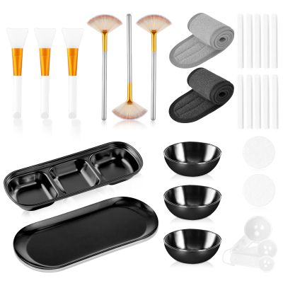 28 Black Facial Supplies 3 Facial Mask Mixing Bowls 3 Facial Fan Brushes 3 Mask Applicator Brushes 3 Mask Measuring Spoons Skincare Tray 3-Compartment Serving Tray 12 Facial Sponges 2 Spa Headbands
