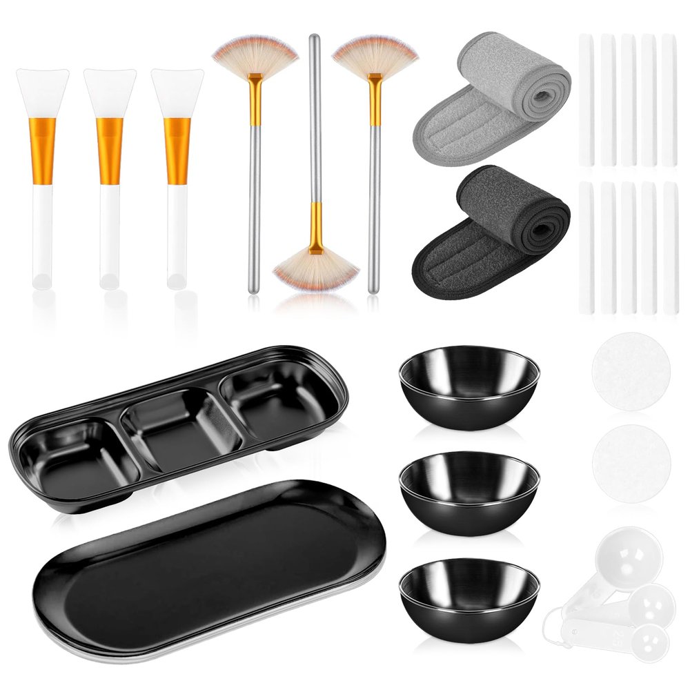 28 Black Facial Supplies 3 Facial Mask Mixing Bowls 3 Facial Fan Brushes 3 Mask Applicator Brushes 3 Mask Measuring Spoons Skincare Tray 3-Compartment Serving Tray 12 Facial Sponges 2 Spa Headbands