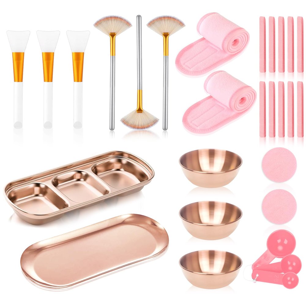 28 Rose Gold Facial Supplies 3 Facial Mask Mixing Bowls 3 Facial Fan Brushes 3 Mask Applicator Brushes 3 Mask Measuring Spoons Skincare Tray 3-Compartment Tray 12 Facial Sponges 2 Spa Headbands
