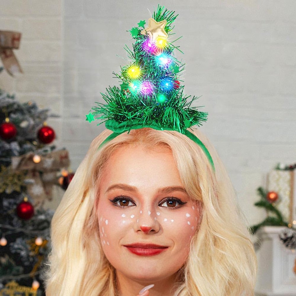 Aiosy Light Up Christmas Tree Headband Santa Hat Headbands Led Xmas Star Headpiece Glitter Foils Party Costume Accessories