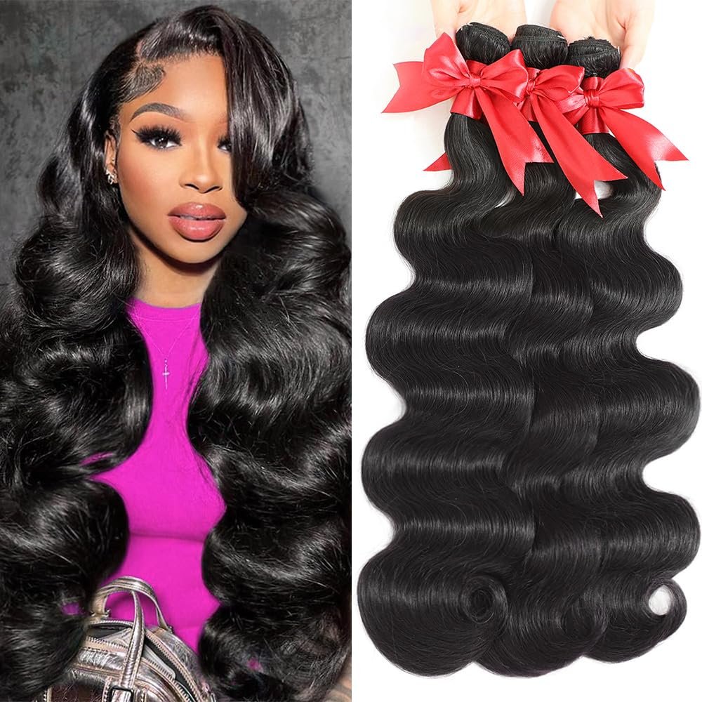12A Body Wave Bundles Human Hair 12 14 16 Inch 100% Unprocessed Virgin Brazilian Body Wave 3 Bundles Human Hair Weave Natural Black for Women Full And Thick