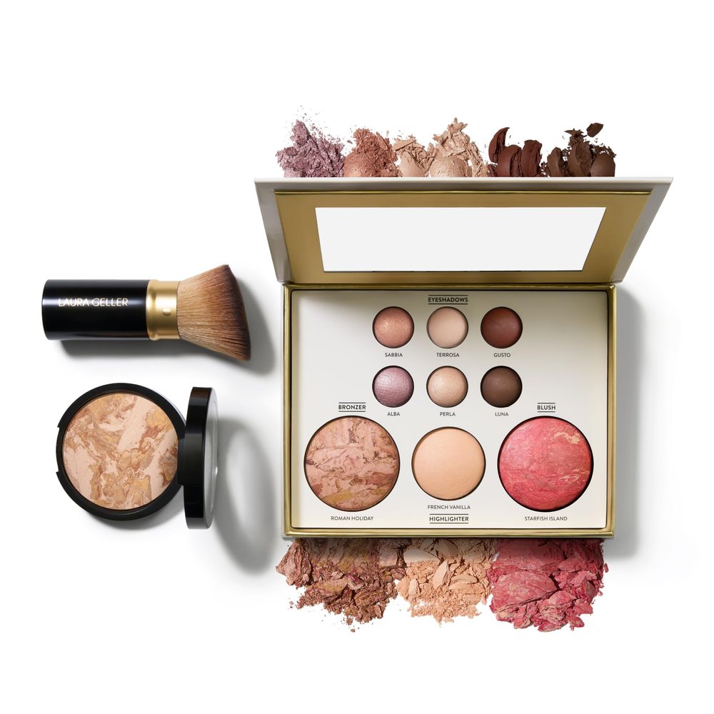 LAURA GELLER NEW YORK Baked Starter Kit- Baked Balance-n-Brighten, Medium + Best of the Best Tuscan Dreams Face Palette + Retractable Angled Kabuki Brush - Holiday 2025 Exclusive