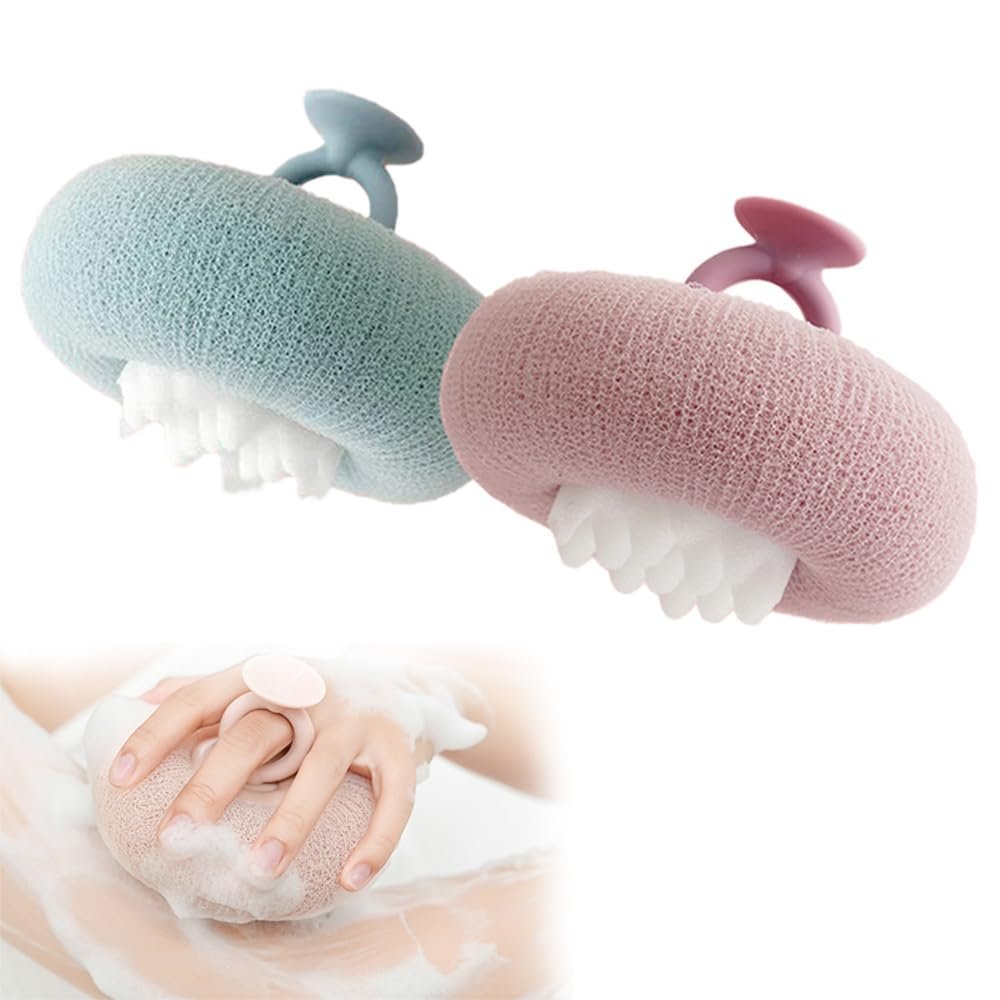 2Pcs Body Scrubber Exfoliator Sunflower Bath Ball, Ultra Soft Sponge Cleaning Brush for Men and Women, Bath Sponge with Handheld Ring (Green+Purple)