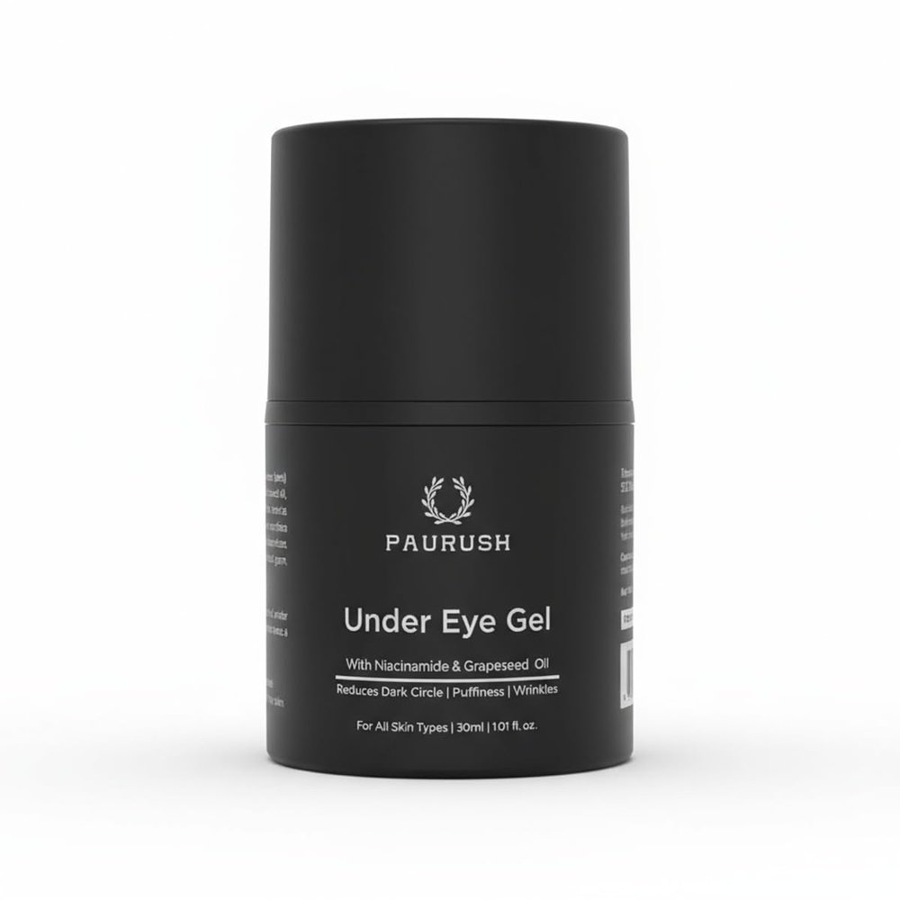 PAURUSH Under Eye Gel Cream for Men - Niacinamide, Pro-Retinol & Grapeseed Oil for the Look of Dark Circles, Puffiness & Tired Eyes - De-Puffing & Brightening, Paraben, Sulfate & Silicone Free, 30ml