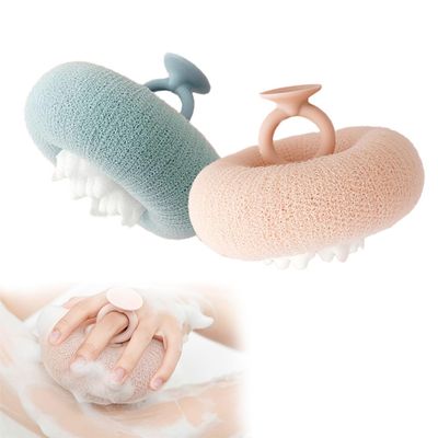 2Pcs Body Scrubber Exfoliator Sunflower Bath Ball, Ultra Soft Sponge Cleaning Brush for Men and Women, Bath Sponge with Handheld Ring (Green+Apricot)