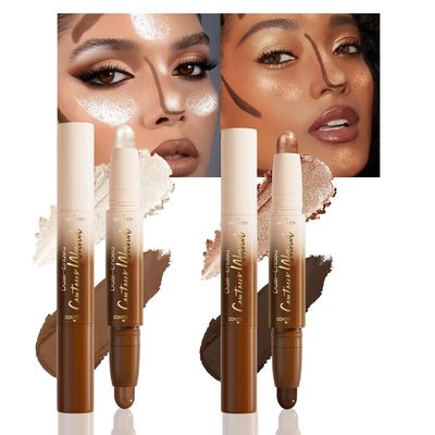 FeiCuiYun 2Pcs Dual-Ended 2-in-1 Cream Contour & Highlighter Stick Makeup For Face & Body Waterproof, Long-Lasting, Suitable for All Skin Tones, (05+06)