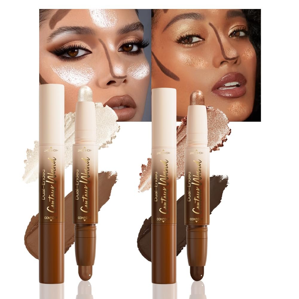 FeiCuiYun 2Pcs Dual-Ended 2-in-1 Cream Contour & Highlighter Stick Makeup For Face & Body  Waterproof, Long-Lasting, Suitable for All Skin Tones, (05+06)
