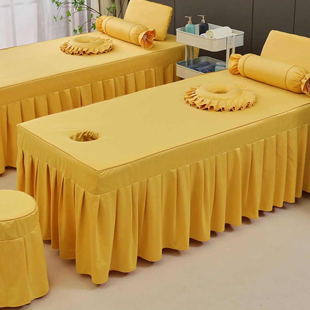 LDLCYCN Yellow,80 * 190cm(S), Solid Color Massage Table Bed Skirt with Face Hole Spa Bed Cover with Skirt All-Round Wrap Massage Bed Cover Beauty Salon Massage Table Fitted Sheet Square Round Head