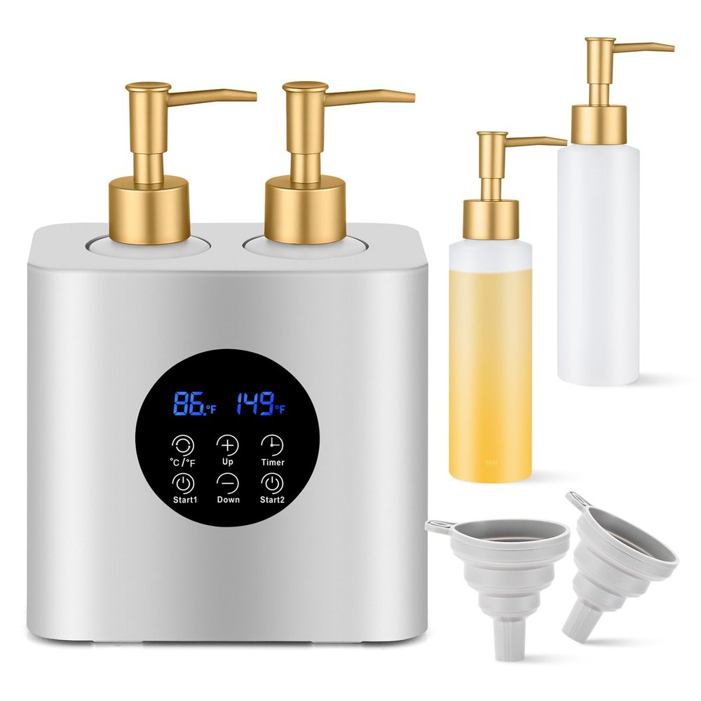 Massage Oil Warmer Heater with 4 Massage Oil Bottles and 2 Funnels,Adjustable Temp (86149F)&Timer (0.524H) Lotion Warmer,Dual Bottle Heated Oil Dispenser for Spa, Salon & Home Use(Silver)