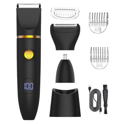 3 in 1 Electric Body Hair Trimmer for Men, 2025new Unisex Body hairTrimmer, IPX6 Waterproof Wet/Dry Groomer with Ceramic Blades, LED Display, for Groin, Face, Beard, Nose (Black)