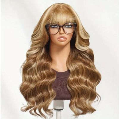 13x4 Invisible Lace Wig150% Density Human Hair - Light Brown Blonde Balayage with Pre-cut Bangs (Glueless) (24inches)