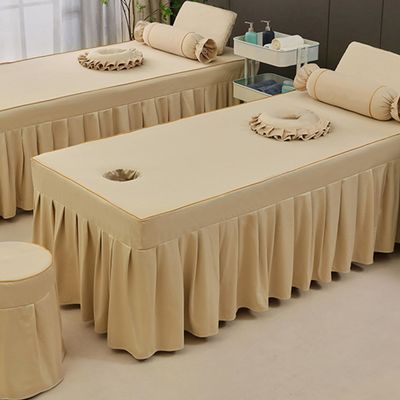 Beige,80 * 190cm(S),LDLCYCN Solid Color Massage Table Bed Skirt with Face Hole Spa Bed Cover with Skirt All-Round Wrap Massage Bed Cover Beauty Salon Massage Table Fitted Sheet Square Round Head